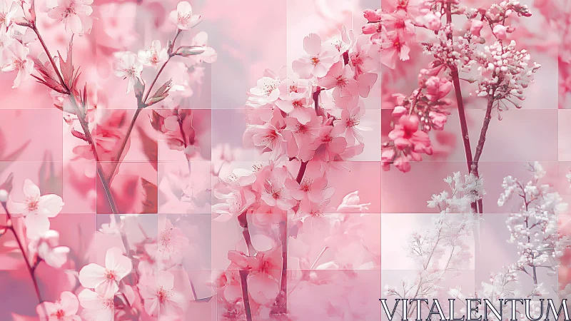 Layered cherry blossom montage merges soft focus and grid abstraction