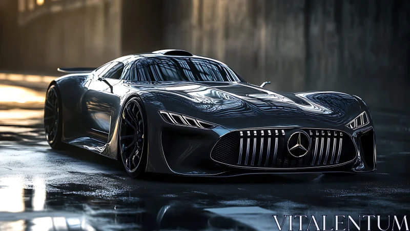 Sleek black supercar glowing with modern elegance and power.