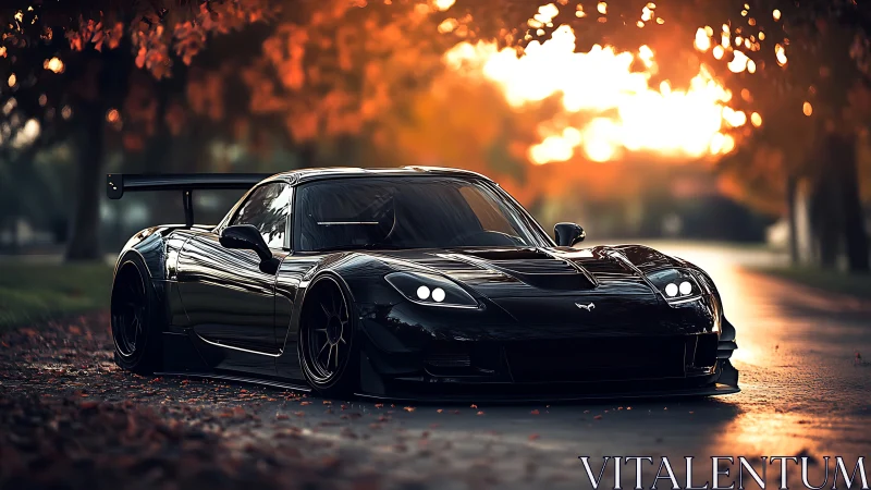 Low-slung black sports car under glowing autumn canopy.