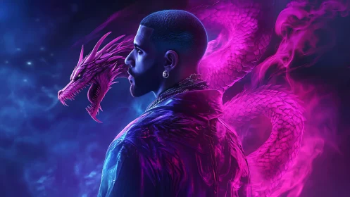 Neon-lit profile with coiled magenta dragon in cosmic fog