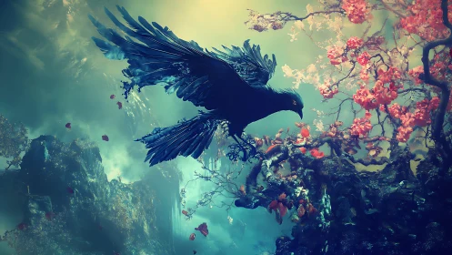 Dark raven in surreal flowering canyon landscape.