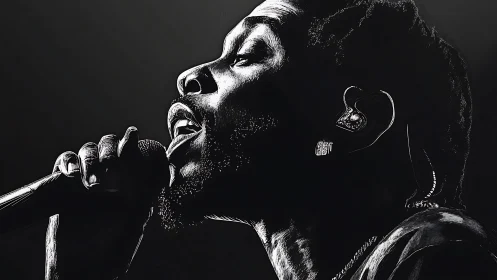 Soulful singer captured in bold black and white glow.
