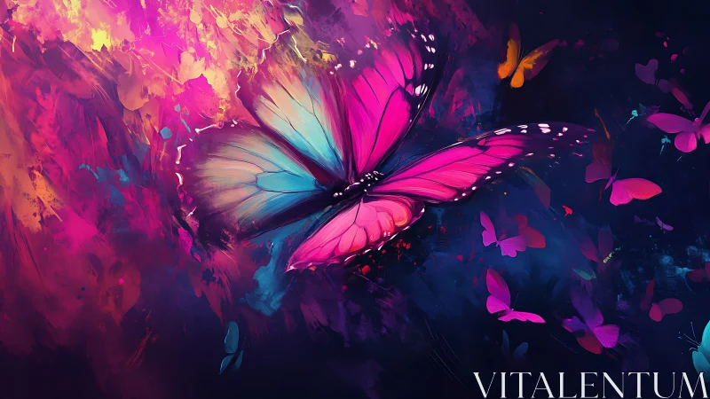 Iridescent butterfly swarm in neon magenta and cyan haze.