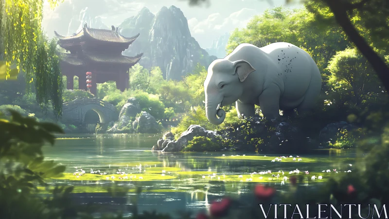 White elephant by tranquil lake near red temple pavilion.