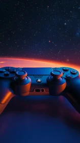 Gaming in the Stars: Blue Controller Against Cosmic Skies.