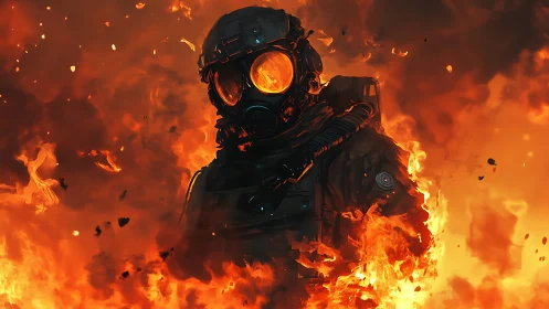Armored figure engulfed in intense orange flames and fire