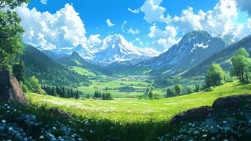 Mountain valley landscape with snowy peaks and green meadow.