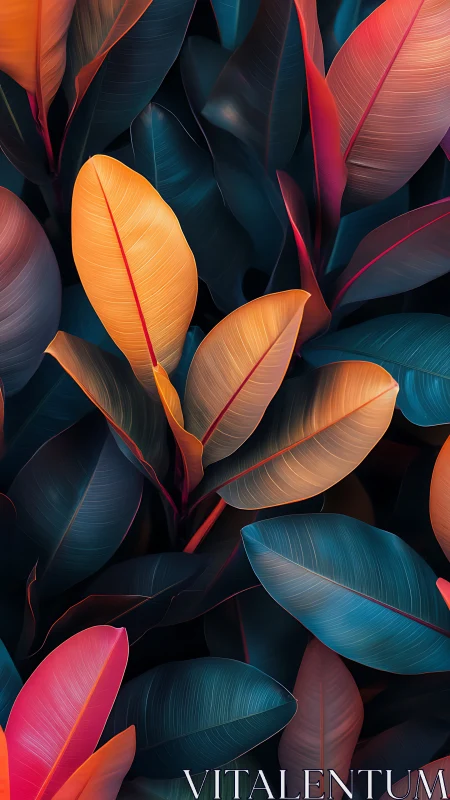Tropical foliage study in neon teal, coral, and gold hues.