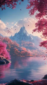 Mountain peak rises above pink forest beside reflective lake