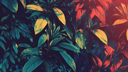 Tropical foliage under contrasting teal and red lighting.