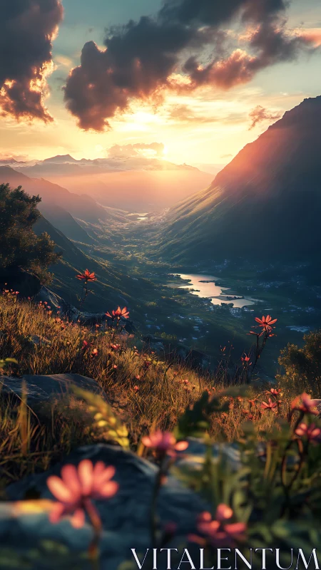 Sunlit alpine valley rendered with high-depth atmospheric perspective