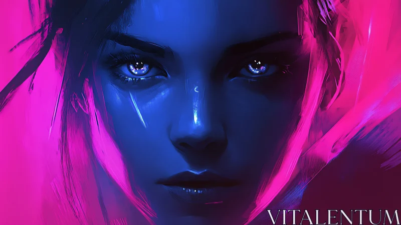 Neon gaze carves electric calm through midnight pigments