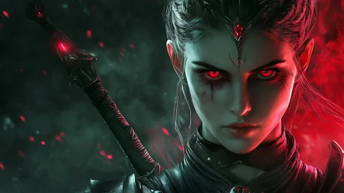 Female warrior with glowing red eyes stares into camera