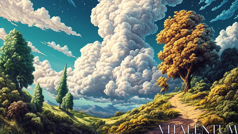 Sunlit hilltop path beneath towering storybook clouds.