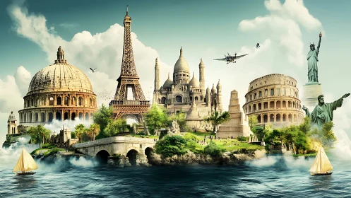 Iconic global monuments composited on a unified coastal island landscape