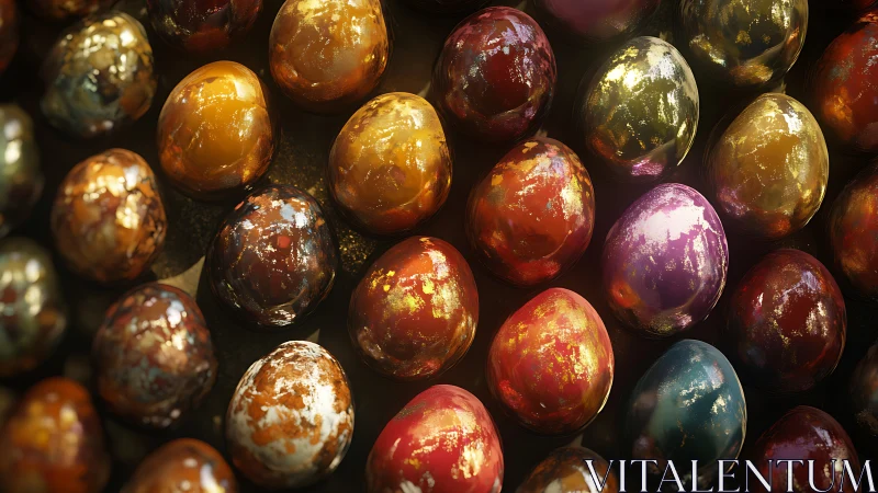 Glowing marbled candy eggs arranged in a cozy rainbow glow.