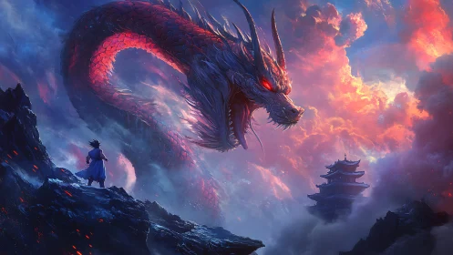 Dragon confronts lone figure above volcanic cliffs at dusk