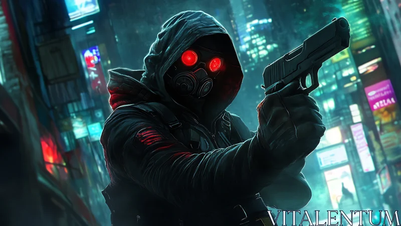 Hooded gunman with red mask eyes in neon city street.