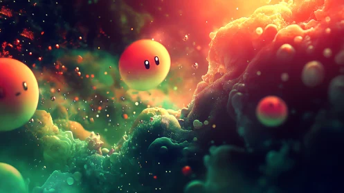 Spherical characters intersect dense, glowing nebular forms