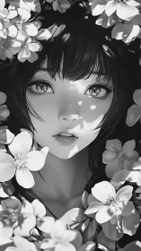 Monochrome stylized female face framed by dense blossoms.