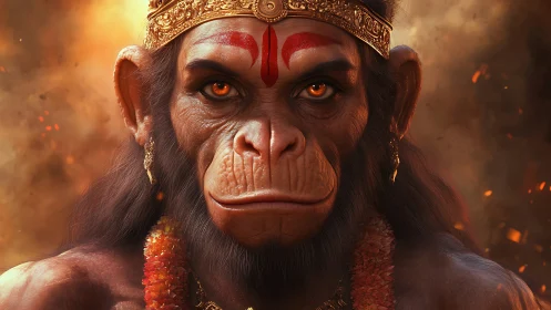 Divine monkey warrior portrait with glowing eyes and crown.