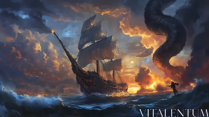Stormlit pirate ship sails toward towering sea serpent