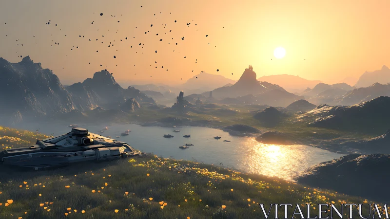 Futuristic starship above calm alien river valley at dusk.