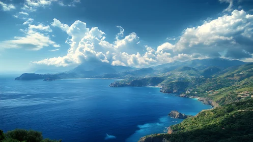 Sunlit coastal mountains meet deep blue Mediterranean sea