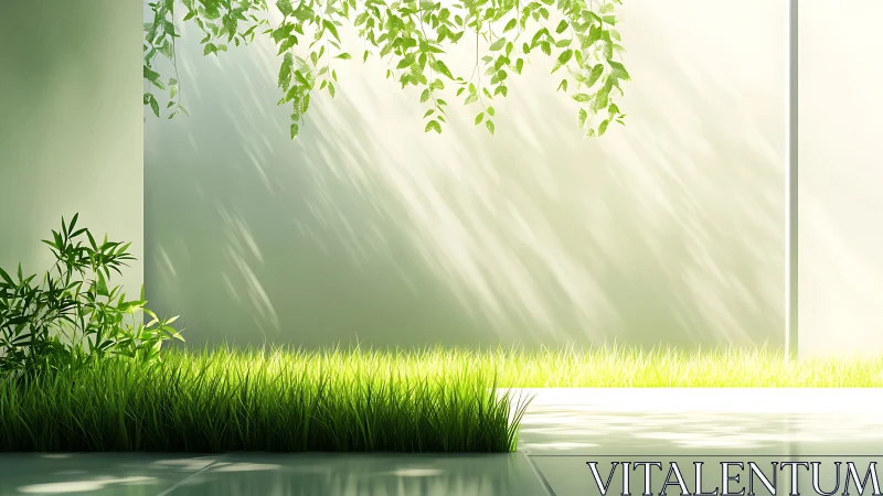 Sunlit courtyard grass quietly rehearses its morning glow