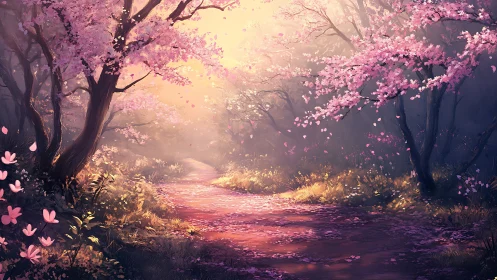 Sunlit cherry blossom path through tranquil spring forest.
