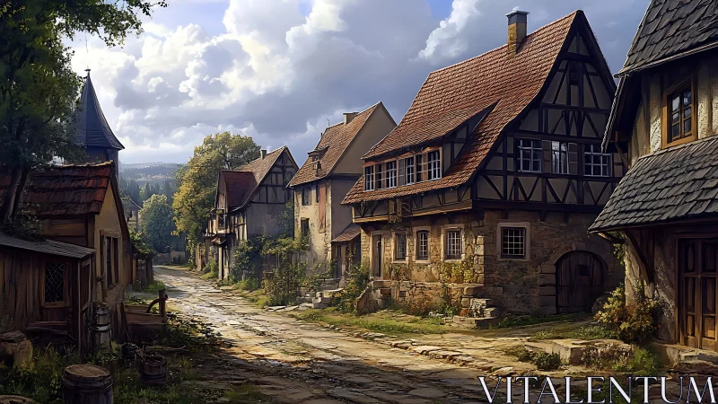 Medieval stone village street under soft afternoon light.