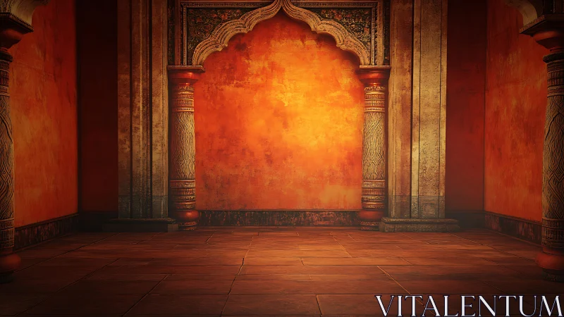 Ornate terracotta hall with carved pillars and archway backdrop.