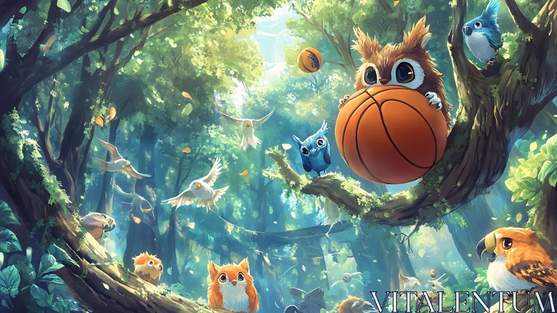 Owls with oversized basketballs interact in a bright forest canopy