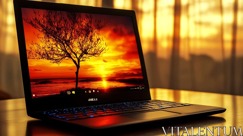 Ultrabook laptop with sunset tree wallpaper on wooden desk