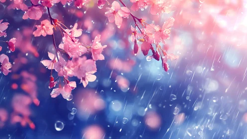 Pink Blossom Branches in Rain with Blue-Purple Bokeh Backdrop