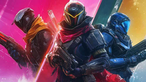 Triad of armored space operatives in neon combat standoff.