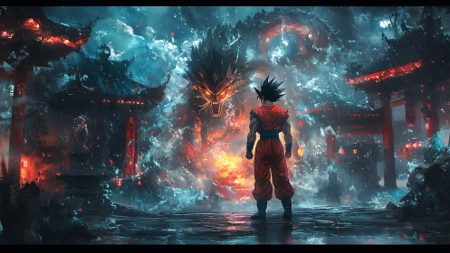 Digital painting showdown with elemental dragon in neon storm.