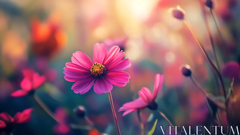 Pink Cosmos Blooms in Golden Sunlight.
