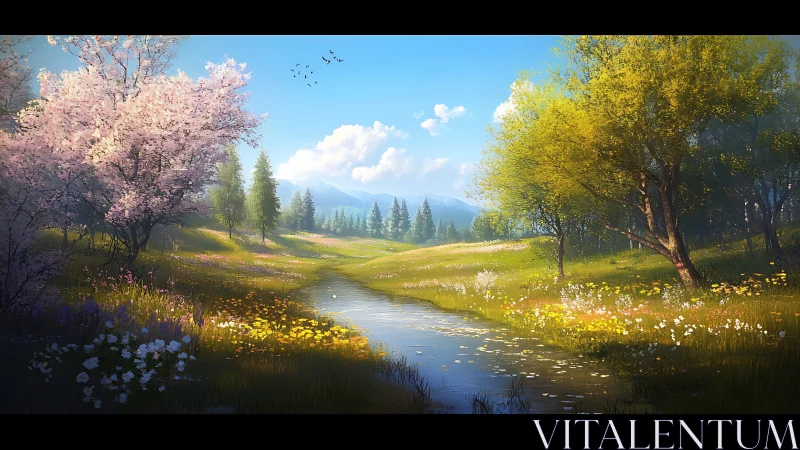 Springlit river meadow under blossom-laden, whispering trees.