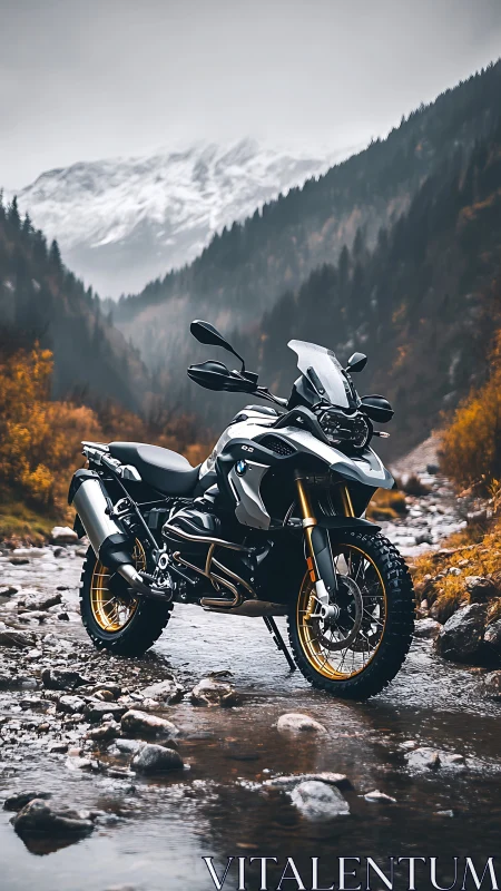 Adventure touring motorcycle stands in alpine riverbed scene