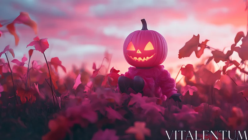 Pink dusk pumpkin gremlin grins inside a candy sky field.