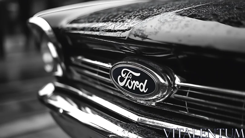 Chromed Ford grille macro with shallow depth-of-field focus.