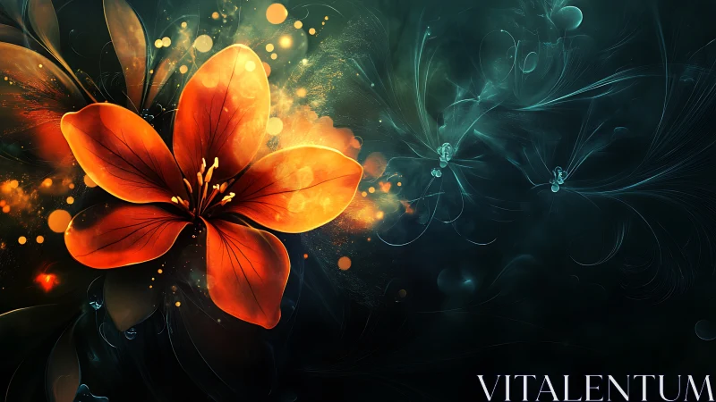 Radiant Fire Flower Glowing Against Teal Darkness.