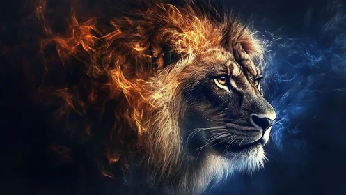 Lion profile forged from fire and smoke on dark void