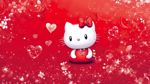 Hello Kitty Character with Hearts and Floral Decorative Background