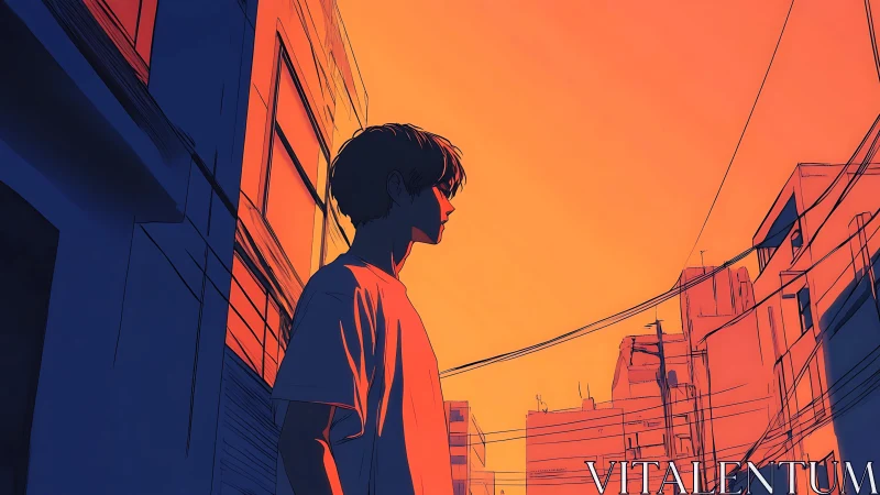 Solitary youth under neon orange urban sunset sky.