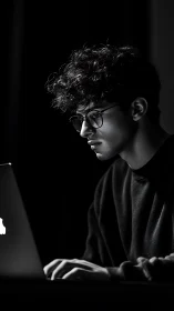 Monochrome programmer absorbed in laptop glow at night.