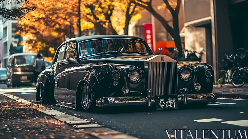 Low-slung classic Rolls glides through amber city autumn.