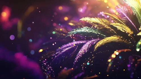 Glittering multicolored feathers curve across a dark background