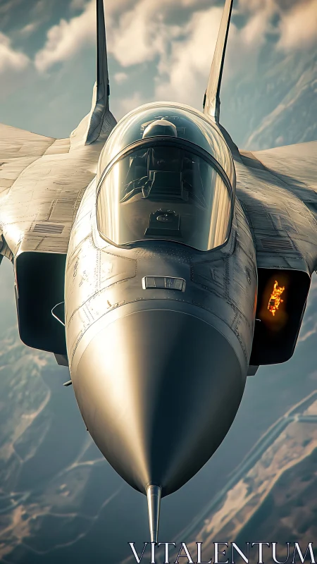 Supersonic twin‑engine fighter jet nose-on, canard-free view